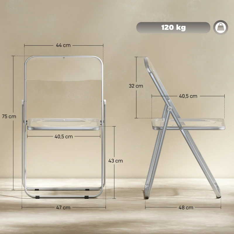 HOMCOM Lot de 4 chaises pliantes en acrylique et acier, chaises pliantes portables pour maison, salle à manger, transparentes