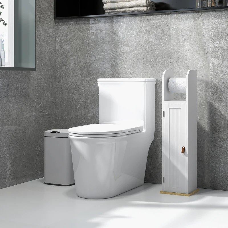 kleankin Columna de Baño Armario de Baño con Compartimento Abierto Puerta 2 Estantes Ajustables y Portarrollo 20x20x80 cm Blanco