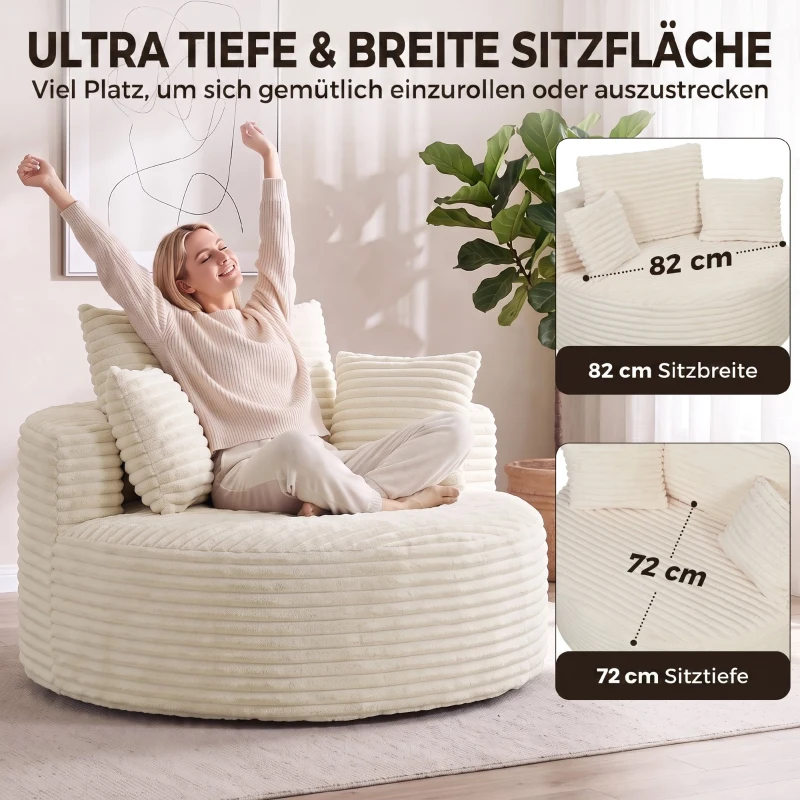 HOMCOM Sessel mit tiefer Sitzfläche, Einzelsofa ohne festen Rahmen, Vollschaum-Design, 4 Kissen, Cremeweiß