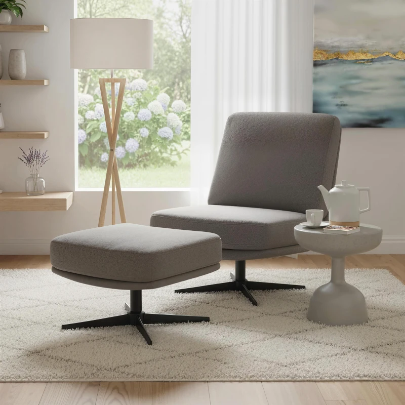 HOMCOM Fauteuil met hocker Draaibare loungestoel in linnenlook voor woonkamer Donkergrijs