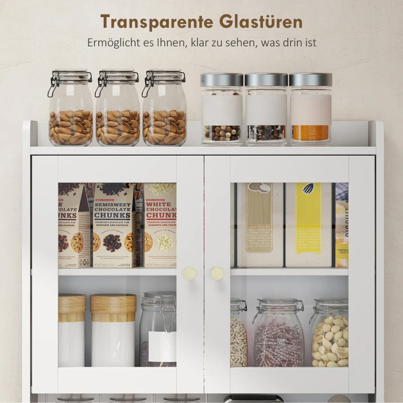 HOMCOM Keukenkast met werkblad, wijnglashouder, voorraadkast voor keuken, eetkamer, 170 cm, MDF, glas, wit(m-7)