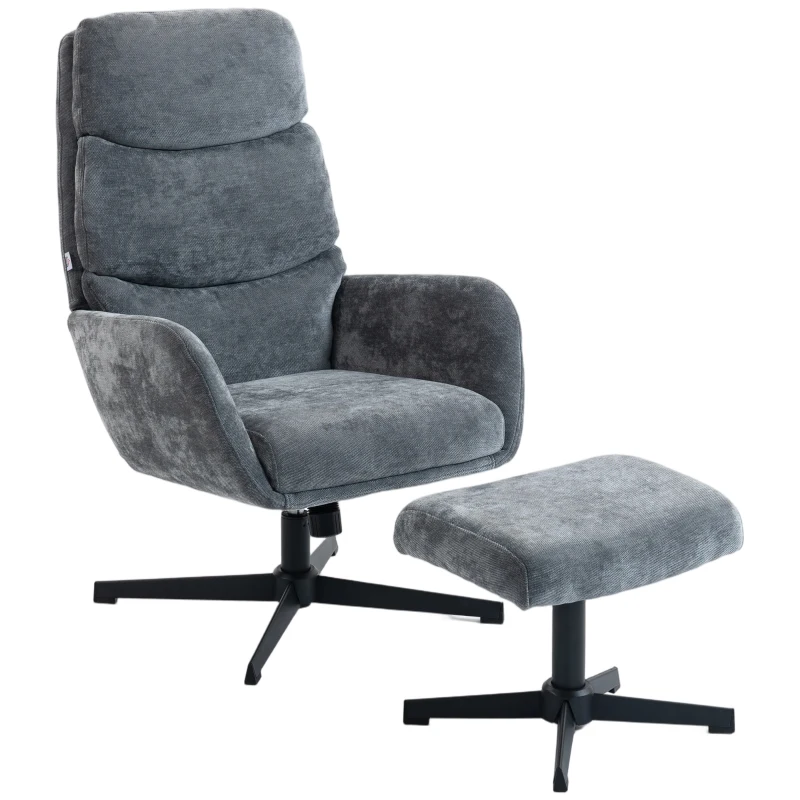 HOMCOM Gepolsterde fauteuil met voetenhocker, loungefauteuil met hoge rugleuning, metalen basis, voor woonkamer, slaapkamer, grijs