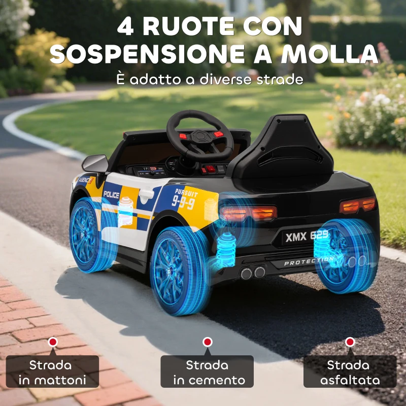 AIYAPLAY Macchina Elettrica per Bambini della Polizia con Telecomando, Clacson e Musica Integrata, 96x60x45 cm