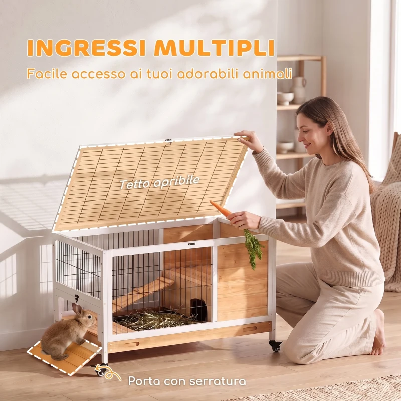 PawHut Conigliera in Legno con 4 Ruote, Casetta per Conigli e Rampa, 90x53x59cm, Giallo