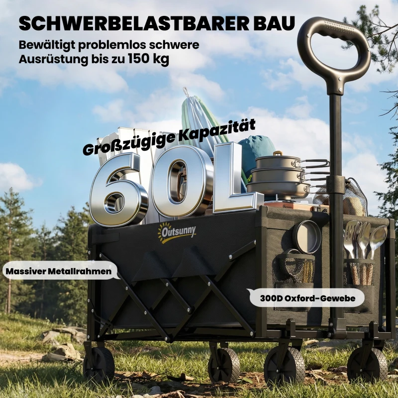 Outsunny Bolderkar 60L Opvouwbare Handwagen Tuinwagen Transportwagen met Telescoopgreep Achterklep Bekerhouders