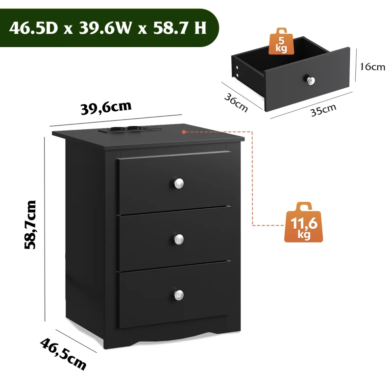 Comodino con 3 cassetti, stazione di ricarica integrata, design moderno rustico, 46,5x39,6x58,7 cm, Nero