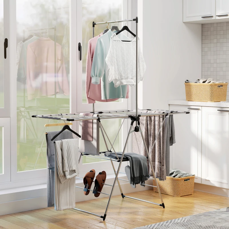 HOMCOM Vouwbaar wasrek staand droogrek met verstelbare vleugels, schoenhouders, RVS, 156,5 x 68 x 192 cm, Zilver