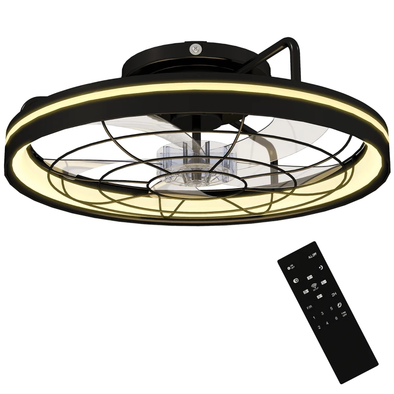 HOMCOM Plafondventilator met licht en afstandsbediening, 48 cm LED-plafondventilator met 3 kleurtemperaturen, 6 snelheden, timer, zwart