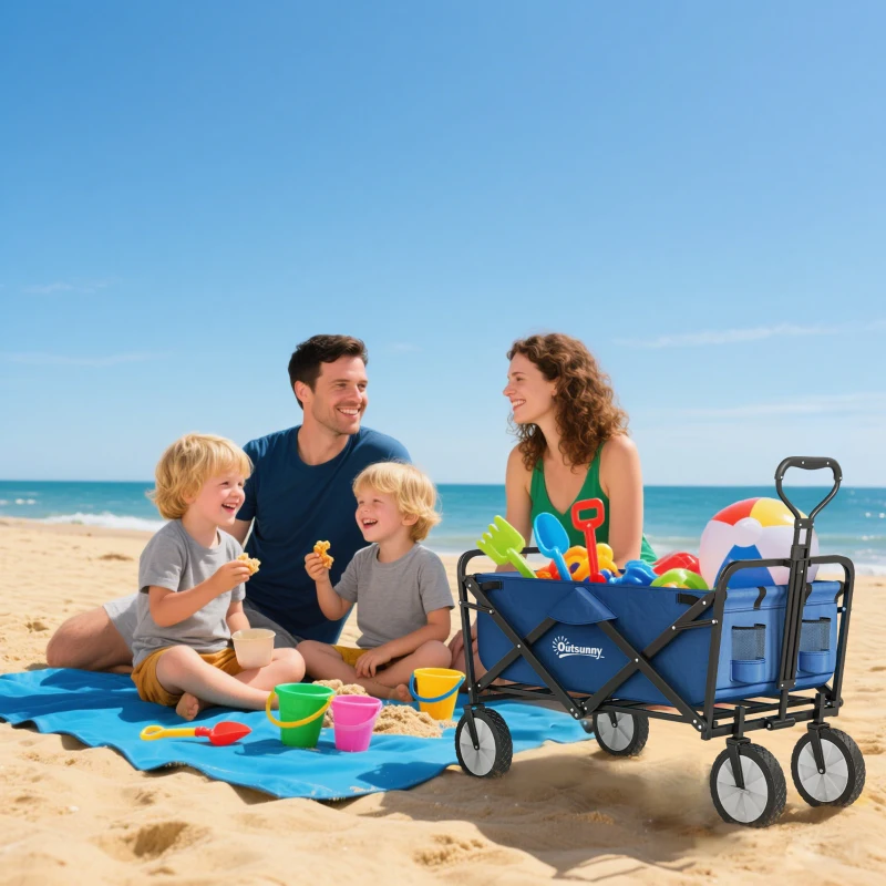 Outsunny Bollerwagen Handwagen mit faltbar Bremsen Verstellbarem Griff 68 KG Belastbar für Garten Einkauf Shopping
