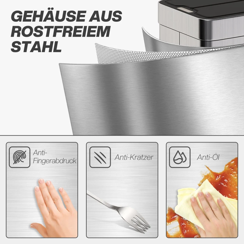 HOMCOM Sensorprullenbak, 55 L capaciteit, vlinderdeksel, opent automatisch, roestvrij staal, zilverkleurig(m-6)