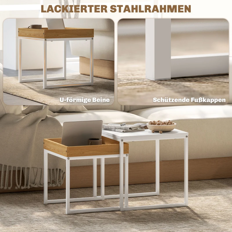 HOMCOM Moderne salontafel, Set van 2 bijzettafels, Voor kleine ruimtes, Vierkant, MDF, Metaal, Wit