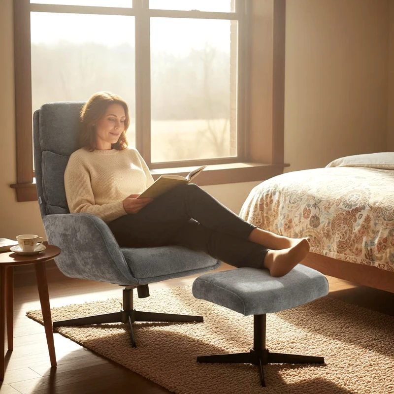 HOMCOM Gepolsterde fauteuil met voetenhocker, loungefauteuil met hoge rugleuning, metalen basis, voor woonkamer, slaapkamer, grijs