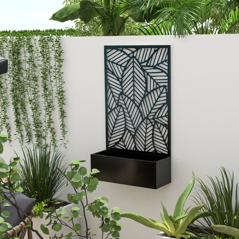Outsunny Fioriera Rialzata con Spalliera Decorativa per Rampicanti da Terra e Parete in Metallo, 61x23x113 cm, Nero