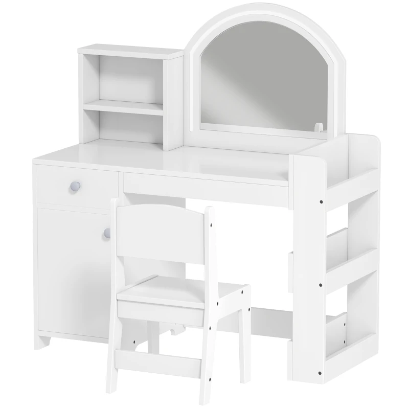 AIYAPLAY Set Toeletta Trucco per Bambini 2 in 1 con Specchio, Sedia, Luce LED, Armadietto, Scaffali e Libreria, Bianco
