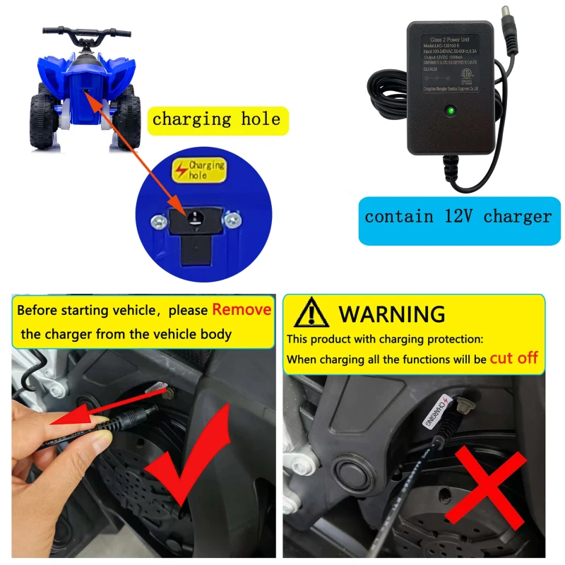 Quad elettrico per bambini 12V, due velocità (alta/bassa) e avanti/indietro, 85x55x55,3 cm, Blu