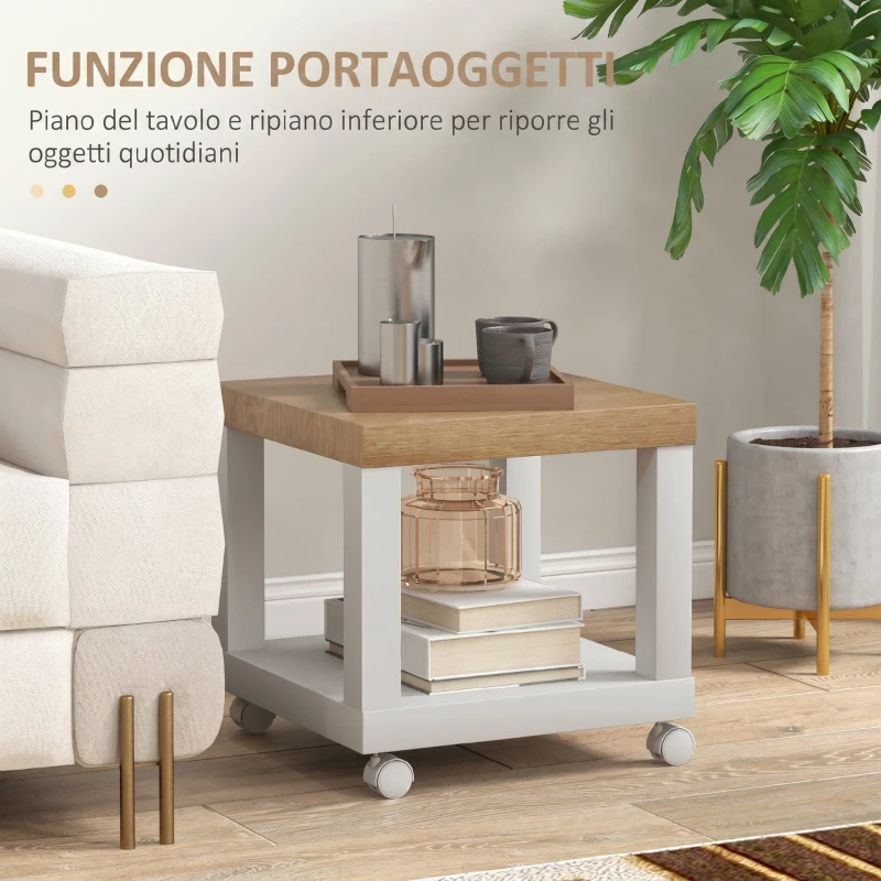 HOMCOM Tavolino da Soggiorno con Rotelle e Mensola Aperta, per Divano, Camera da Letto o Soggiorno, 40x40x40 cm, Legno Naturale e Bianco
