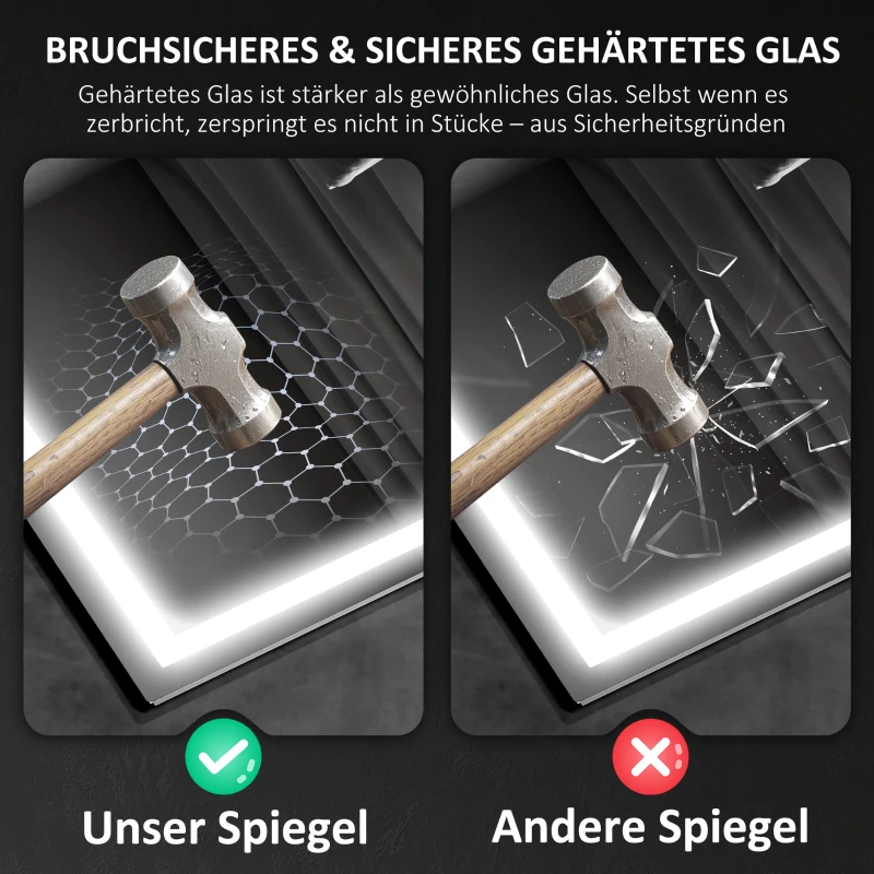HOMCOM LED Badkamerspiegel met Verlichting, Anti-condensfunctie, 3 Verstelbare Kleurtemperaturen, Klok, 60 x 80 cm, Zilver