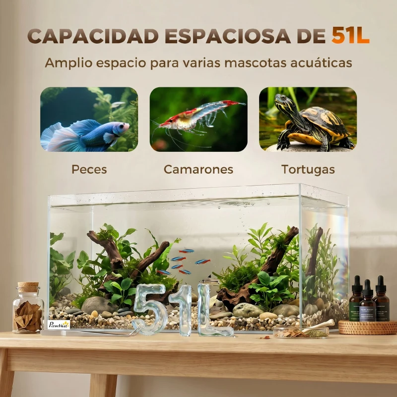 PawHut Acuario de Pecera 51 L Pecera de Cristal con Alfombrilla Protectora para Peces Camarones y Tortugas Transparente