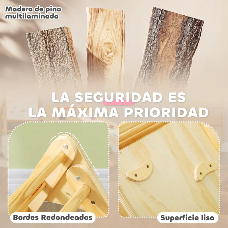 AIYAPLAY Triángulo de Escalada de Madera 3 en 1 con Rampa para Deslizarse o Escalar 147x64,5x63 cm Natural