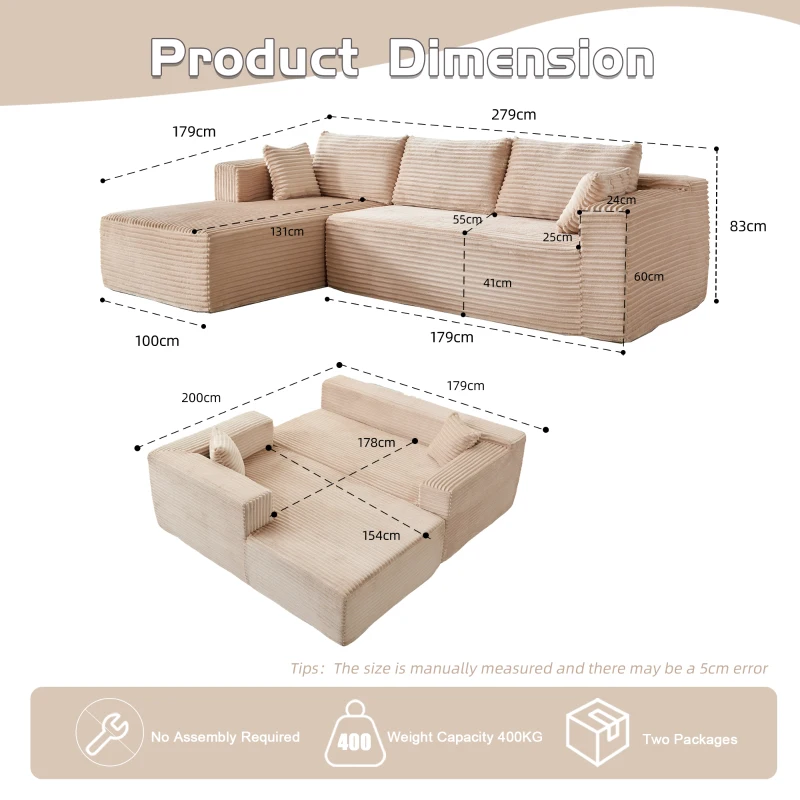 Divano angolare modulare a L con chaiselongue, design minimalista salvaspazio, seduta profonda, 279x179x83 cm, Beige
