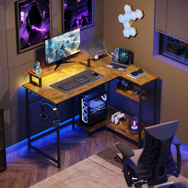 Bureau d'angle gaming en L, construction métal-bois robuste, gain de place, 111x80x87,5 cm, Brun