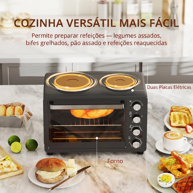 HOMCOM Forno Elétrico de Bancada 28L 2600W com Placas de Cozedura, Temperatura Ajustável, Temporizador e Tabuleiro, Preto