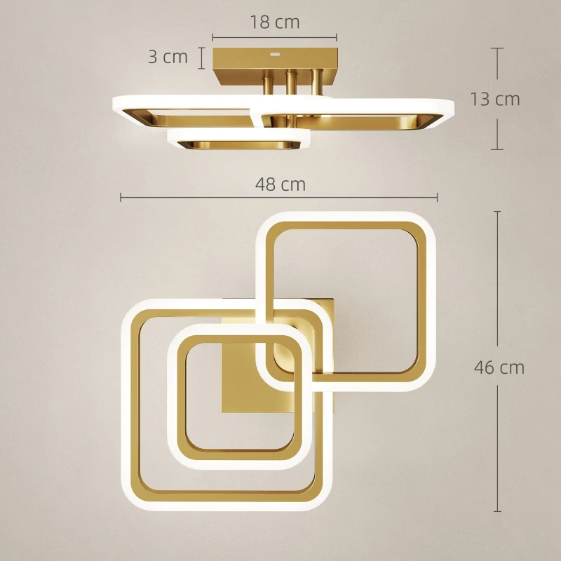 HOMCOM LED-plafondlamp 40W 4300LM 3500K/4500K/6000K plafondlamp 3-hoekige woonkamerlamp, 48 x 46 x 13 cm, goud