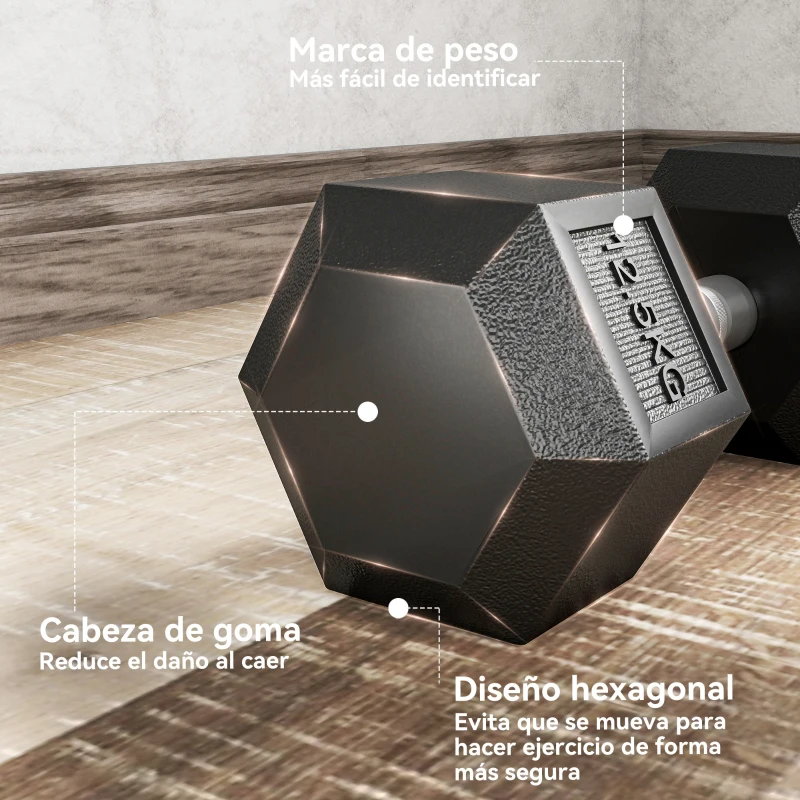 HOMCOM Set de 2 Mancuernas Hexagonales de 2 x 12,5 kg de Hierro Fundido Recubiertas en Goma para Entrenamiento en Casa Gimnasio