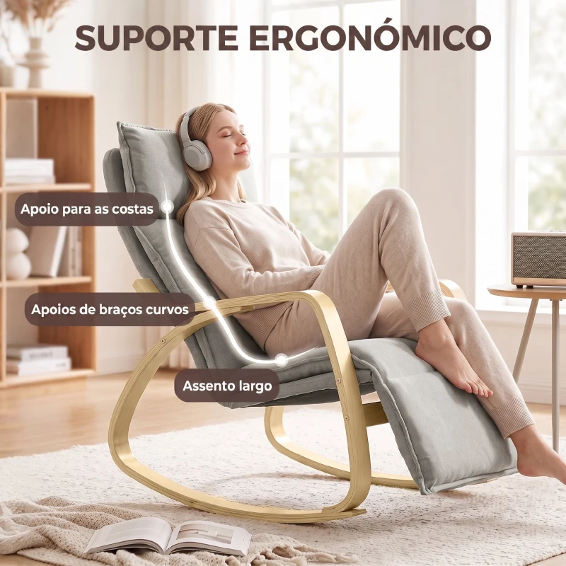 HOMCOM Cadeirão de Baloiço com Apoio para os Pés Ajustável 5 Posições Apoios de Braços em Madeira Acolchoamento Duplo Cinza Claro