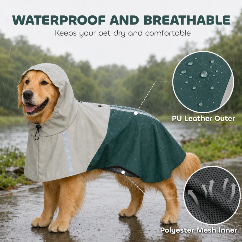 PawHut Dog Raincoat with Hood, Waterproof & Breathable Rain Jacket with Leash Hole, for Large Dogs, Green, L