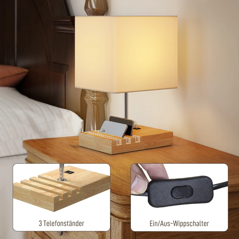 HOMCOM Nachtlamp, USB-aansluitingen, hout, stof, tuimelschakelaar, opbergbakken, wit