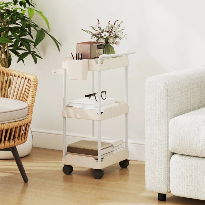 HOMCOM opbergtrolley, 3 manden, handdoekhouder, wielen, handgreep, metalen frame, wit