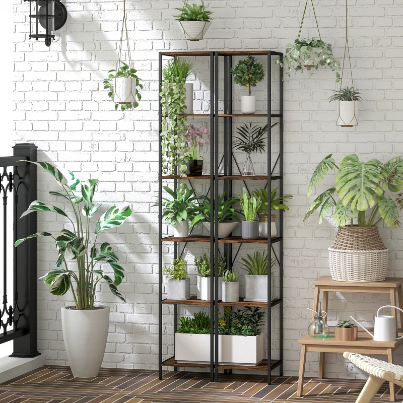 HOMCOM Set van 2 6-niveaus-boekenkasten, stalen frame, voor woonkamer, kantoor, slaapkamer, Rustiek-Bruin