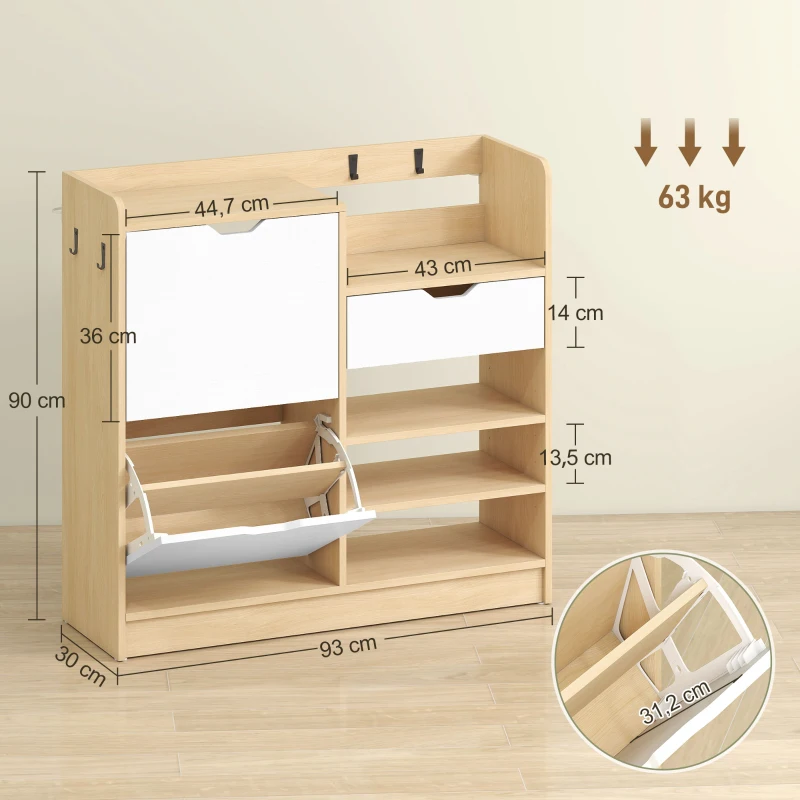 HOMCOM Schoenenrek voor hal, schoenenkast met klapladen, open planken, 4 haken, voor tot 14 paar schoenen, Wit(m-3)