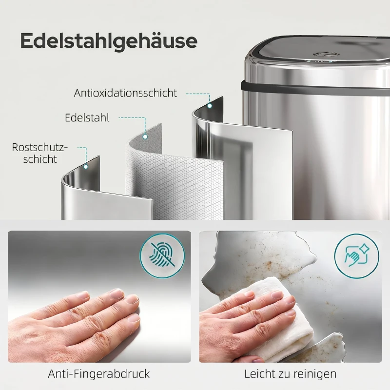 HOMCOM Sensor Mülleimer 68L Automatik Mülleimer mit Bewegungssensor, Wasserdichter Abfalleimer für Büro, Schlafzimmer, Küchen Edelstahl Silber