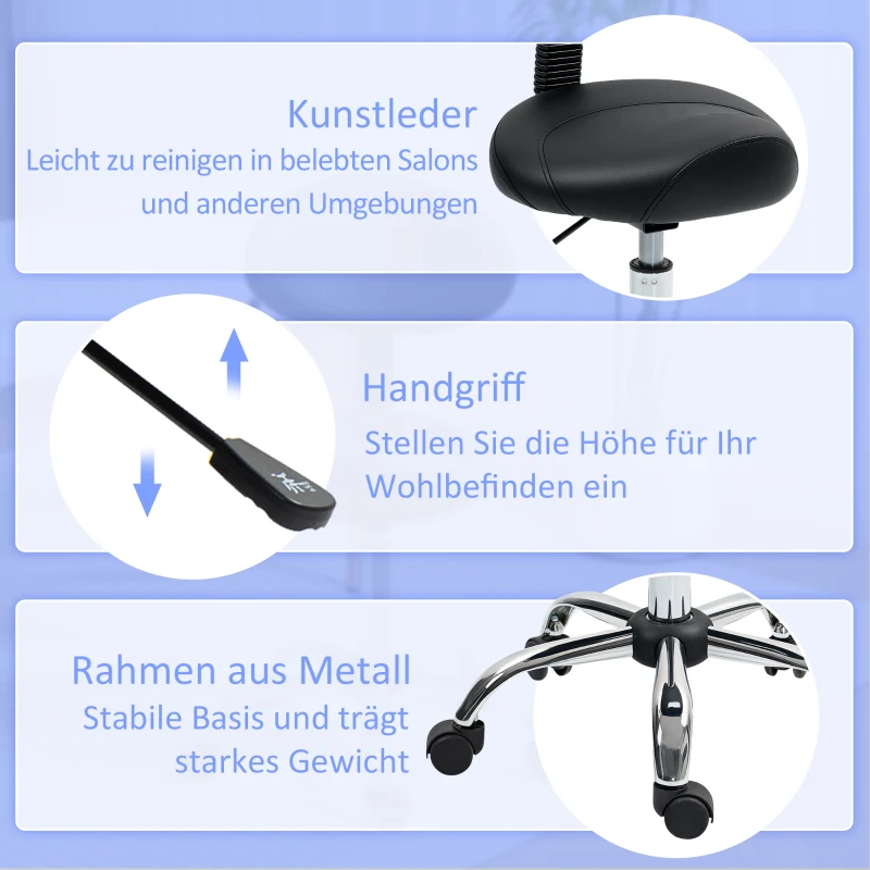HOMCOM Rollhocker met hoogteverstelbare zitting 51-67 cm en rugleuning, voor massagestudio, tattoo, kliniek, spa, zwart