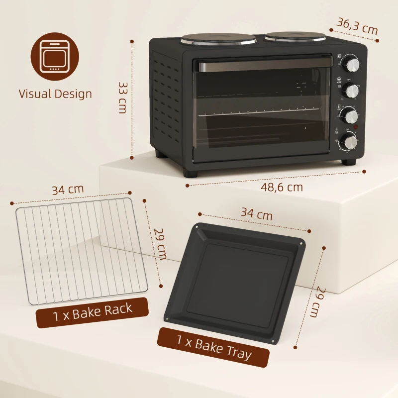HOMCOM 28 L Toasterofen, Kompakter Backofen zum Kochen und Grillen, Elektro-Ofen mit Backblech, Grillrost, 2600W, Schwarz