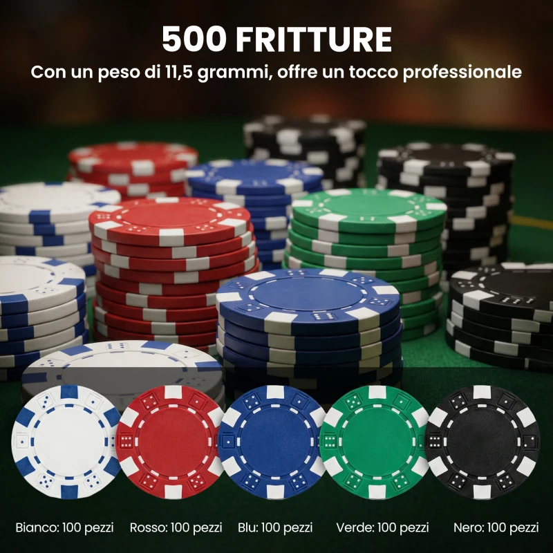 SPORTNOW Set da Poker Completo con 500 Fiches, Mescolatore di Carte, Distributore di Carte, Tappetino, 5 Dadi, Argento