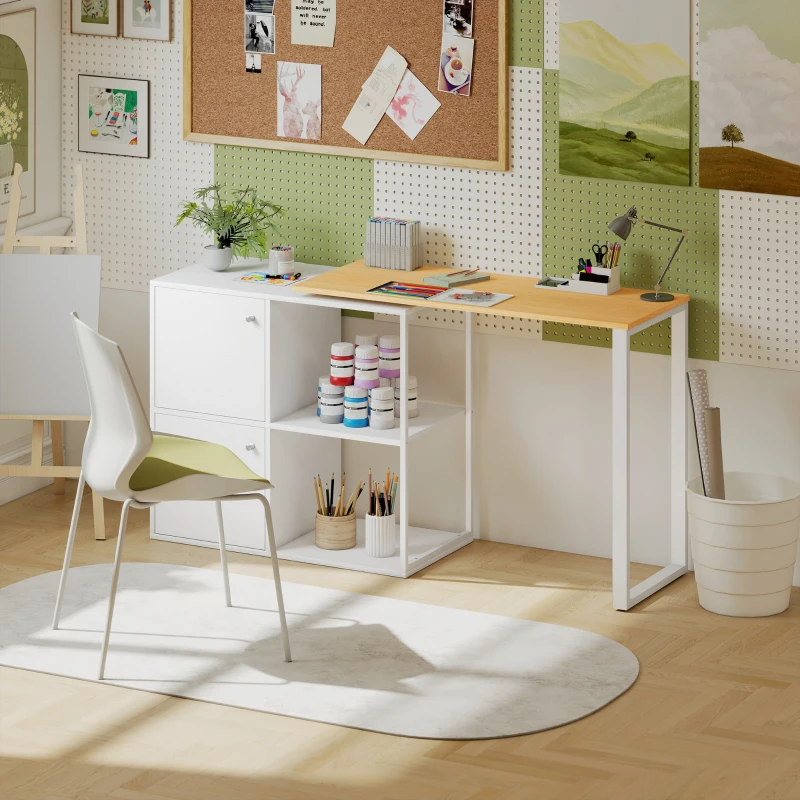 HOMCOM L-vormig bureau, 360° draaibaar hoekbureau met 2 bergkasten, 2 open planken, computertafel voor kleine ruimtes, studeerkamer, woonkamer, 150x40x75 cm, Wit(m-7)