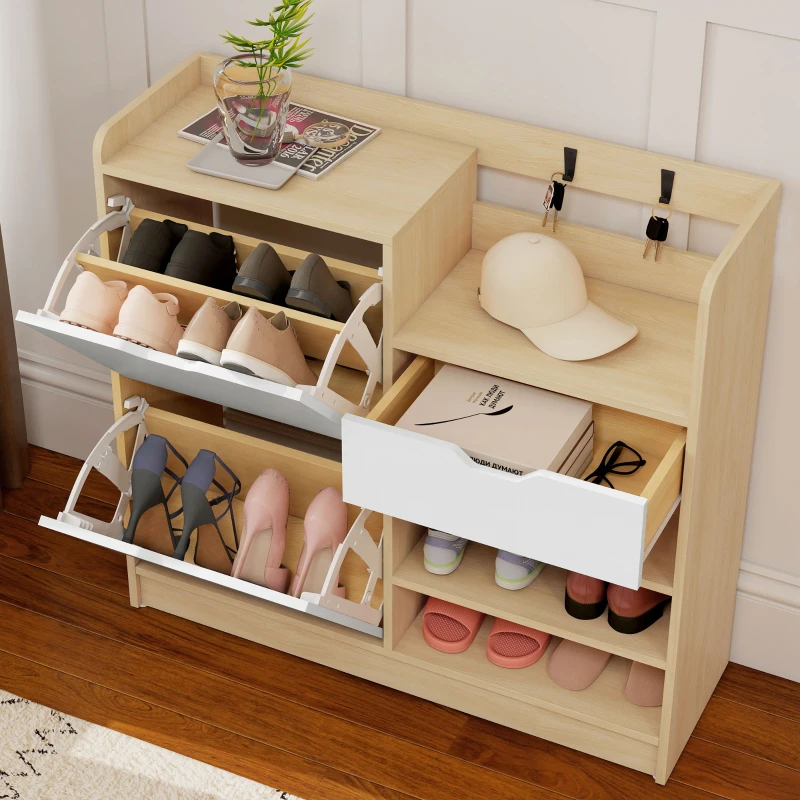 HOMCOM Schoenenrek voor hal, schoenenkast met klapladen, open planken, 4 haken, voor tot 14 paar schoenen, Wit(m-9)