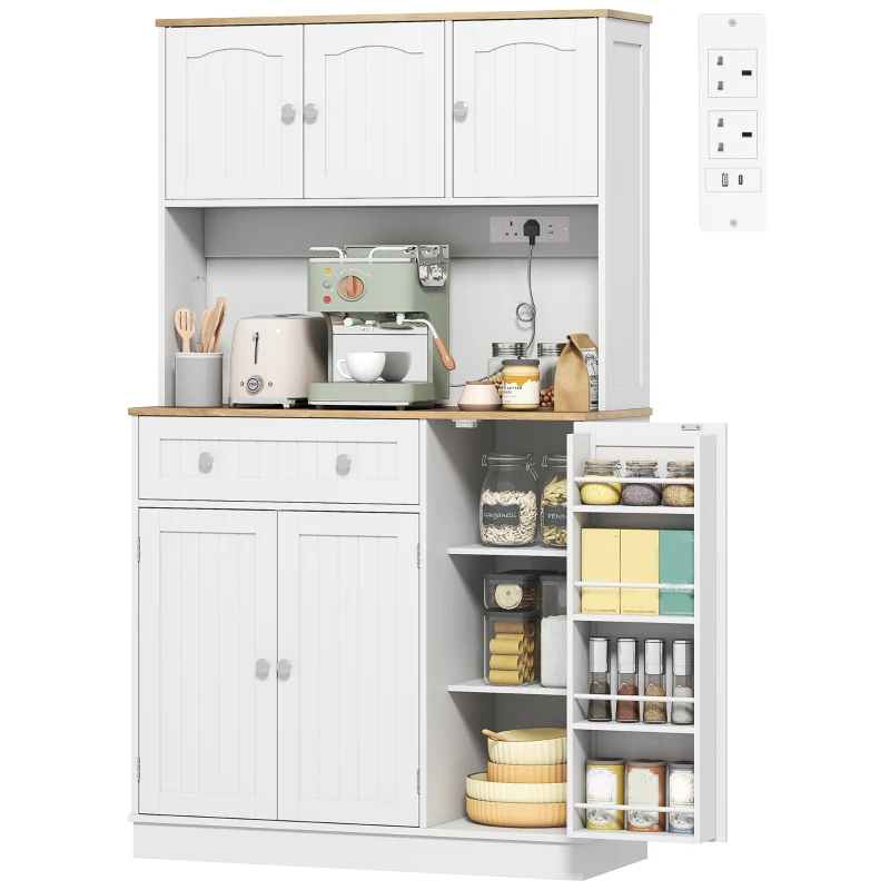 HOMCOM 173 cm Tall Kitchen Cupboard with Charging Station, Pantry Storage Cabinet with Adjustable Shelves and 5 Door Racks
