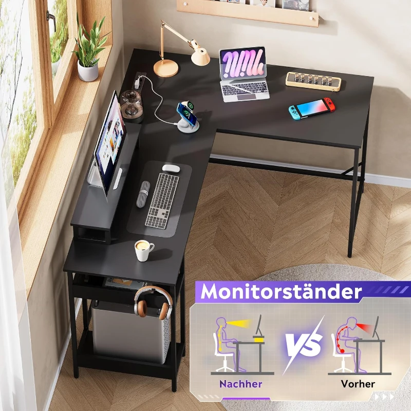 Bureau d'angle gaming 2-en-1, plateau haut de gamme, modulable en forme L ou I, 152x50x87,5 cm, Noir
