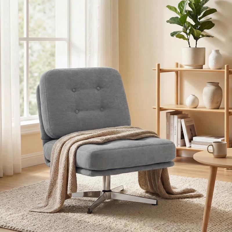 HOMCOM Draaibare Accentstoel, Gestoffeerde Leesstoel met Chenille, Brede Zitting, Pocketvering en Metalen Poten, Lichtgrijs