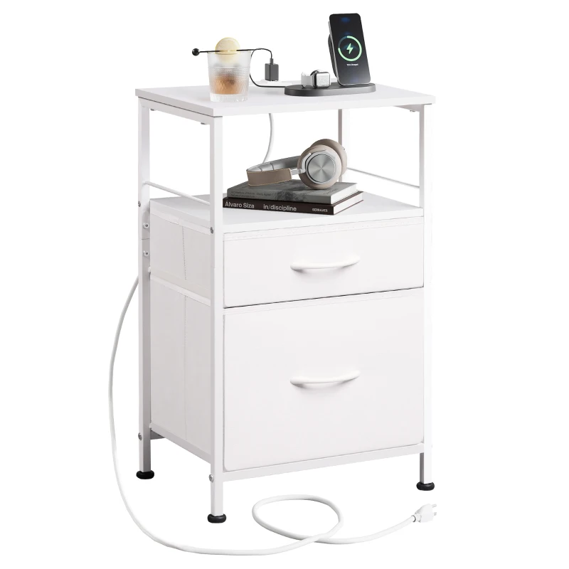 Comodino con funzione di ricarica, ampio spazio contenitivo, ideale per camera da letto, soggiorno e ufficio, 39,8x29,8x64,2 cm, Bianco