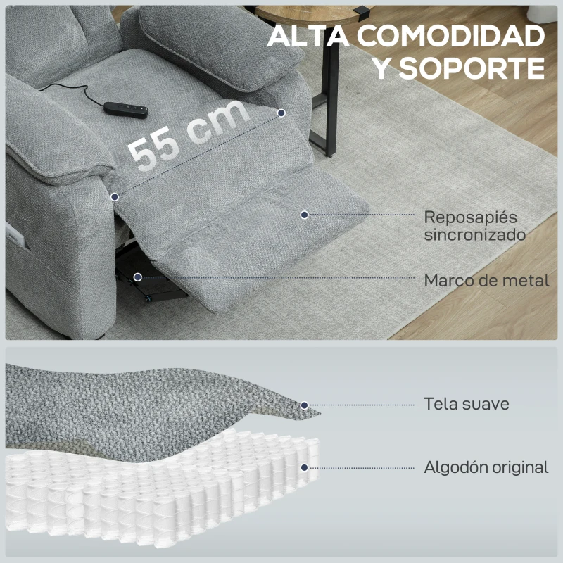 HOMCOM Sillón Relax Reclinable Eléctrico Motor Silencioso 2 Posiciones Memoria Reposapiés Reposacabezas Puerto USB y Bolsillos