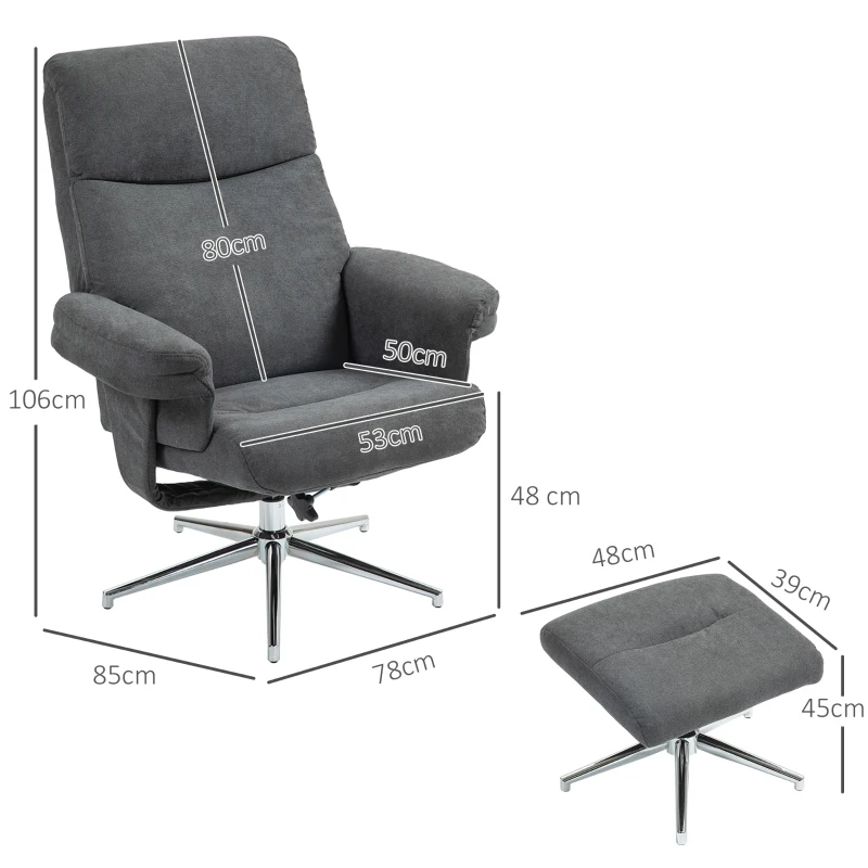 HOMCOM Relaxfauteuil met Voetenbank, Verstelbare Rugleuning, Fluweelachtig, Tot 150 kg, Antraciet
