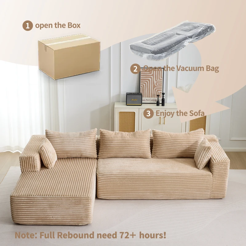 Divano angolare modulare a L con chaiselongue, design minimalista salvaspazio, seduta profonda, 279x179x83 cm, Beige
