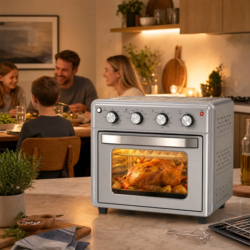HOMCOM Forno Elétrico de Bancada 30 L 1600 W com Air Fryer, 7 Funções e Temporizador, 43x39x39 cm, Prateado