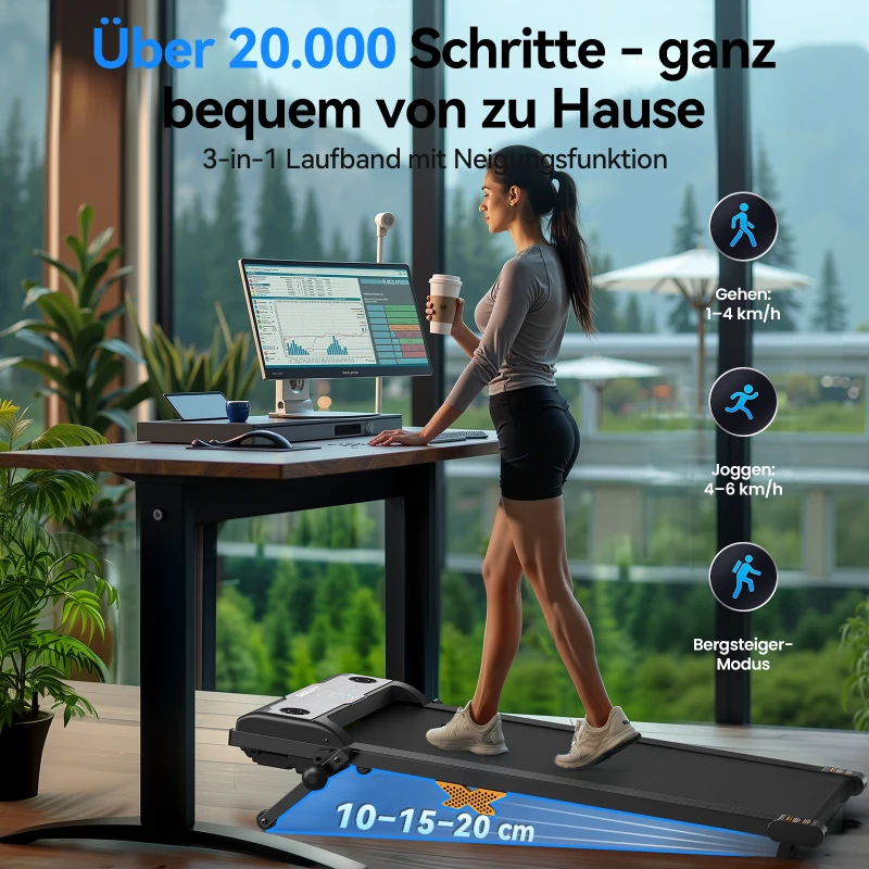 Tapis roulant compatto con inclinazione a 3 livelli, robusto telaio in metallo con sistema di ammortizzazione multistrato, 110x50x14 cm, Nero
