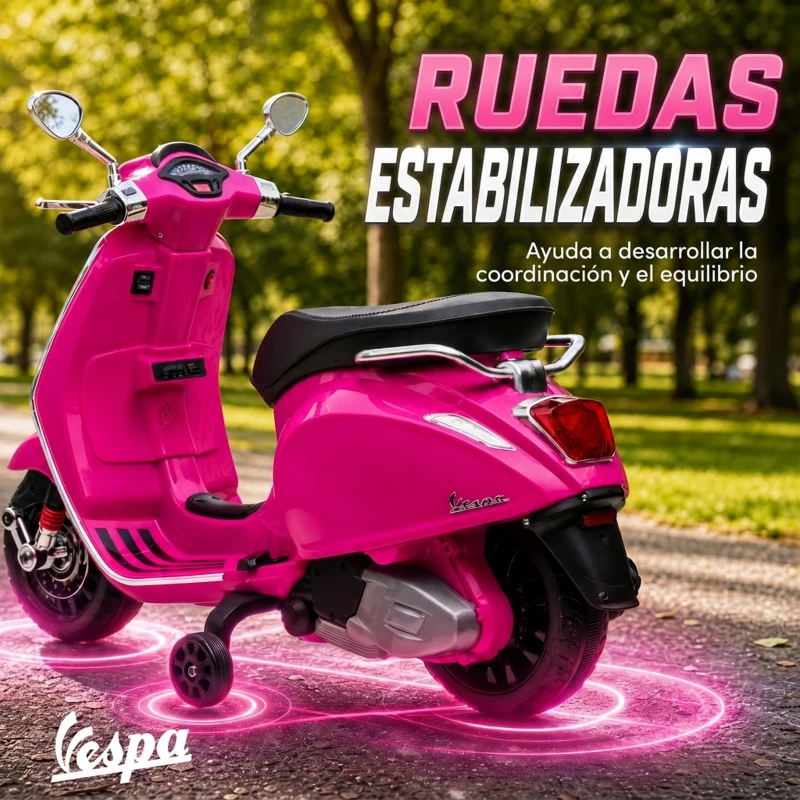 AIYAPLAY Moto Eléctrica para Niños de +3 Años con Licencia Vespa con USB MP3 Luz LED Radio FM Velocidad 3 km/h Carga 35kg Rosa